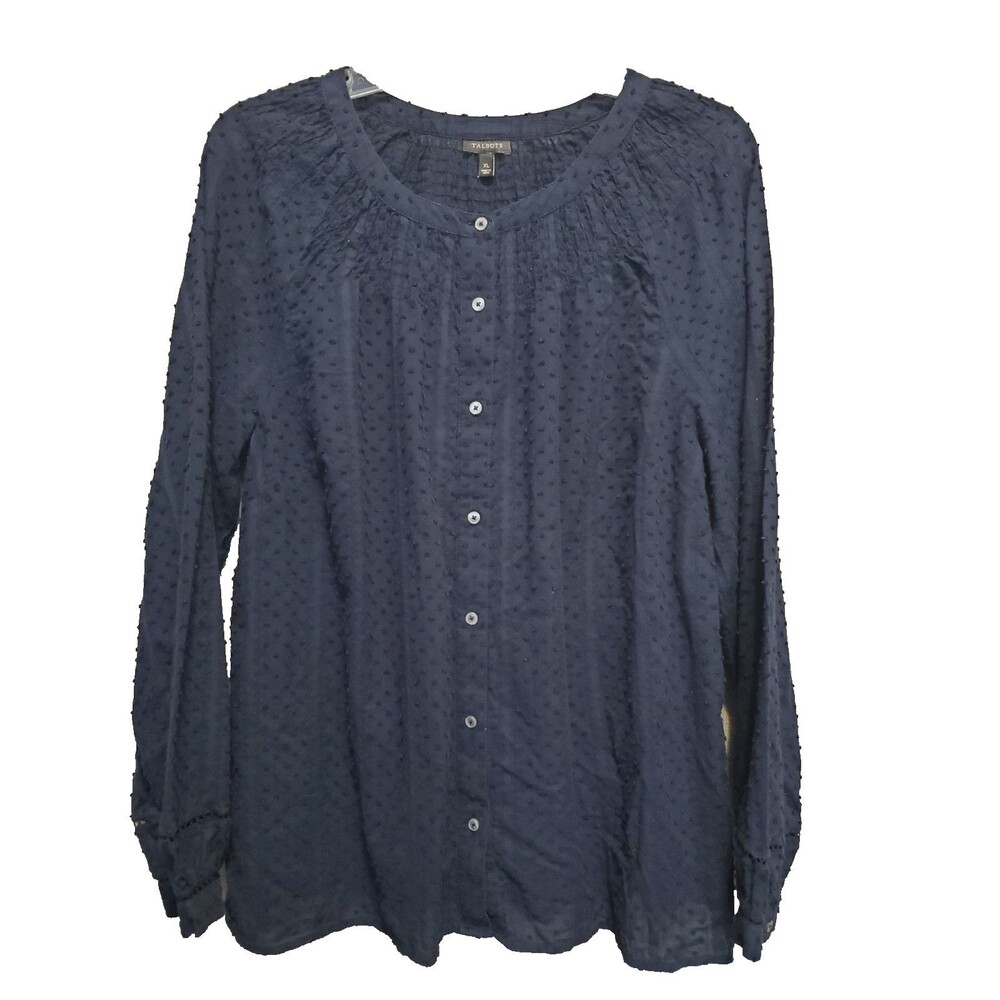 Talbots Navy Cotton Swiss Dot Long Sleeve Button-Up Blouse Size XL